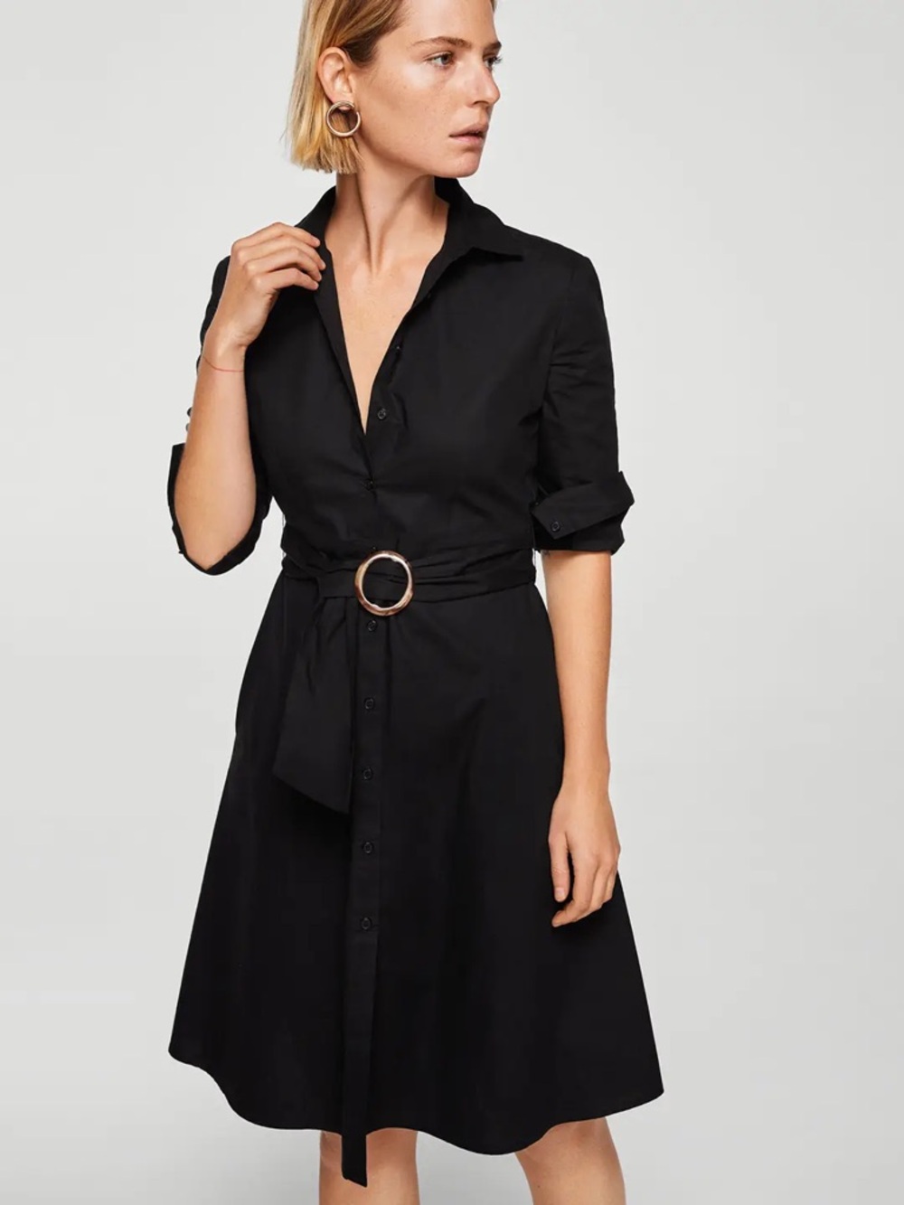 NWT 100% Cotton Mango Casual Black Shirt Dress with Tortoise Shell Belt